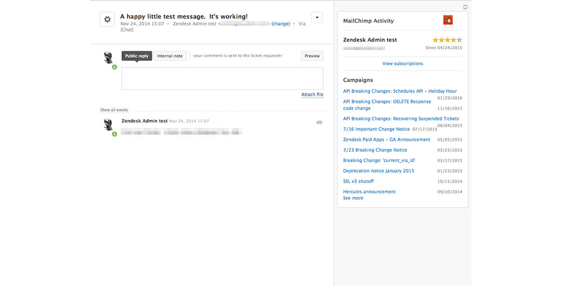 screenshot of Mailchimp activity app in Zendesk Support