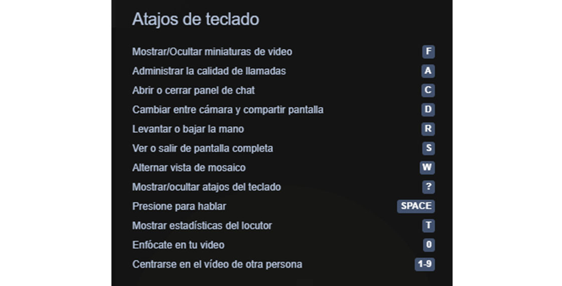 Interfaz de la parte de los atajos