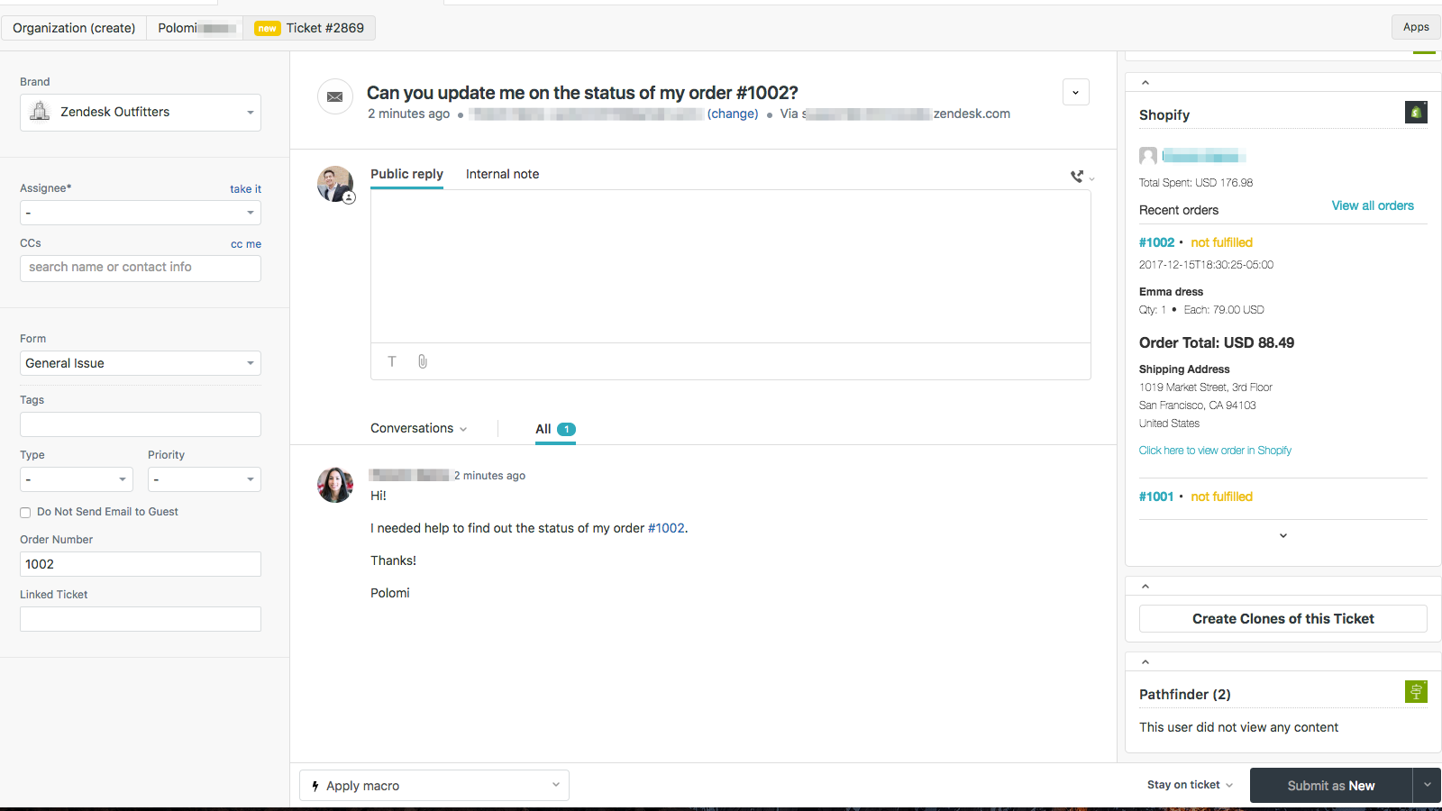 Screenshot of Shopify app for Zendesk Support