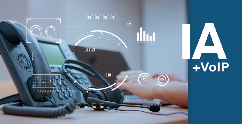 Un teléfono y unos auriculares y las letras IA y VoIP escritas