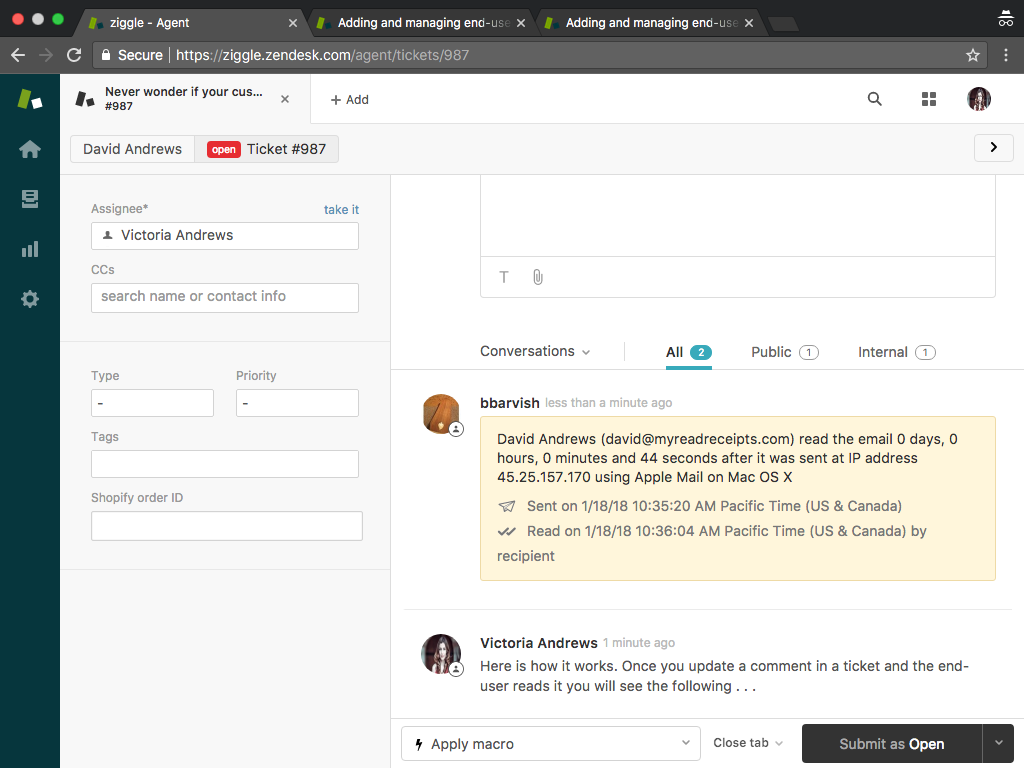 screenshot of Read Receipts platform