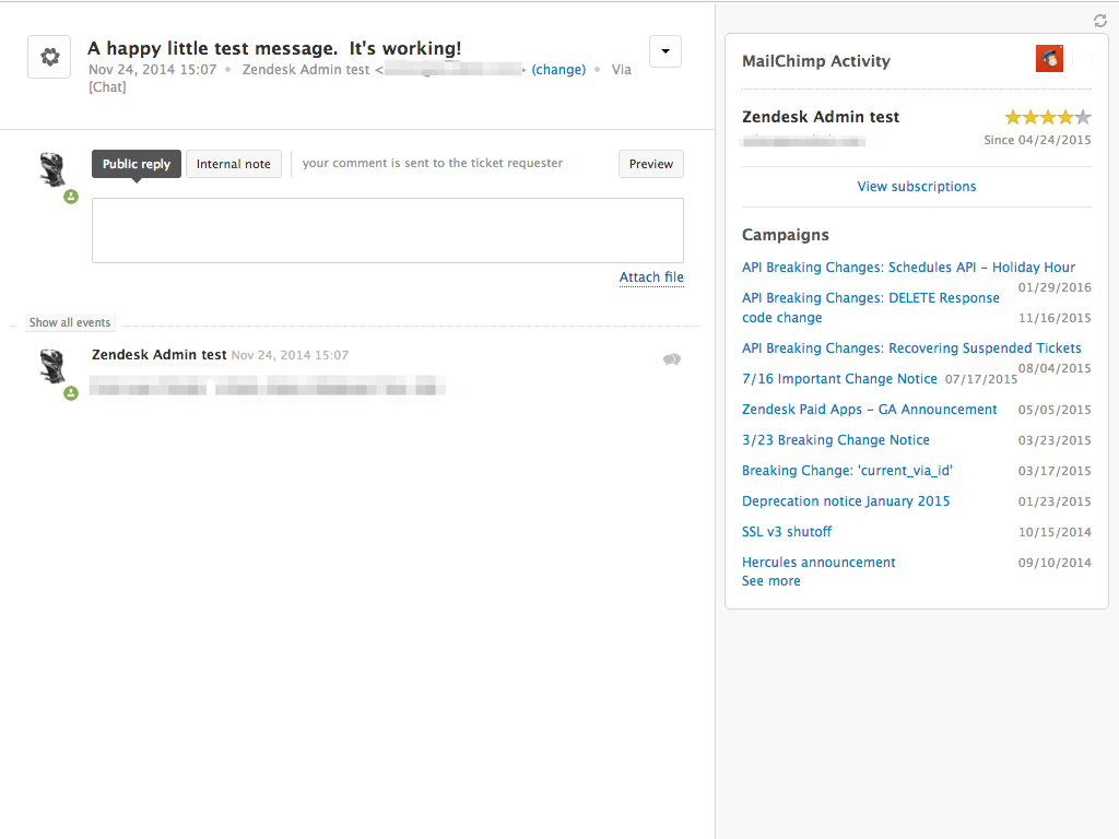 screenshot of Mailchimp activity app in Zendesk Support