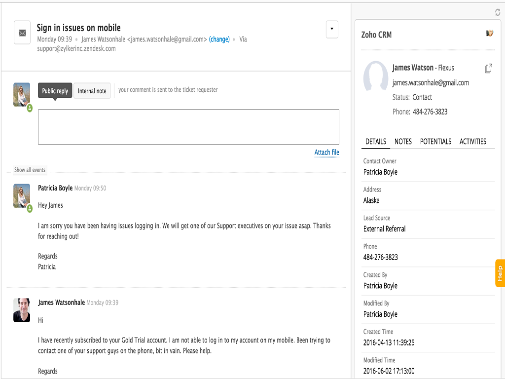 screenshot of Zoho App in Zendesk Support
