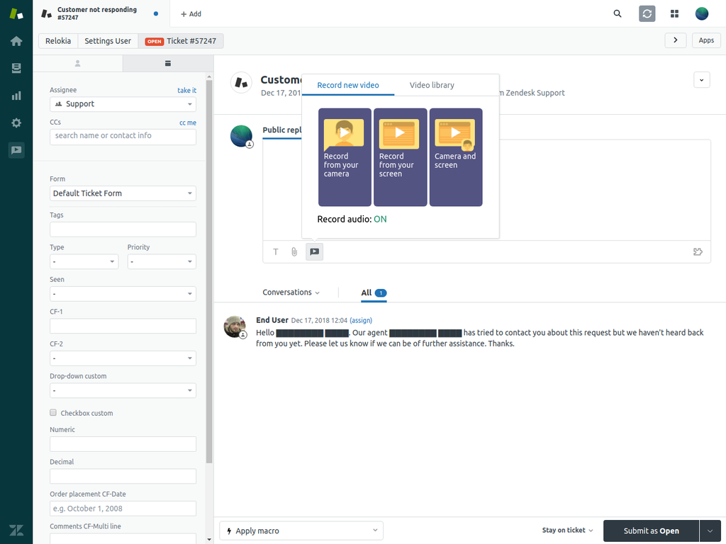 Screenshot of Video Reply App for Zendesk